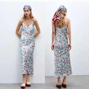 ZARA Romantic Floral Print Midi Side-Tie Satin Slip‎ Dress Size Large